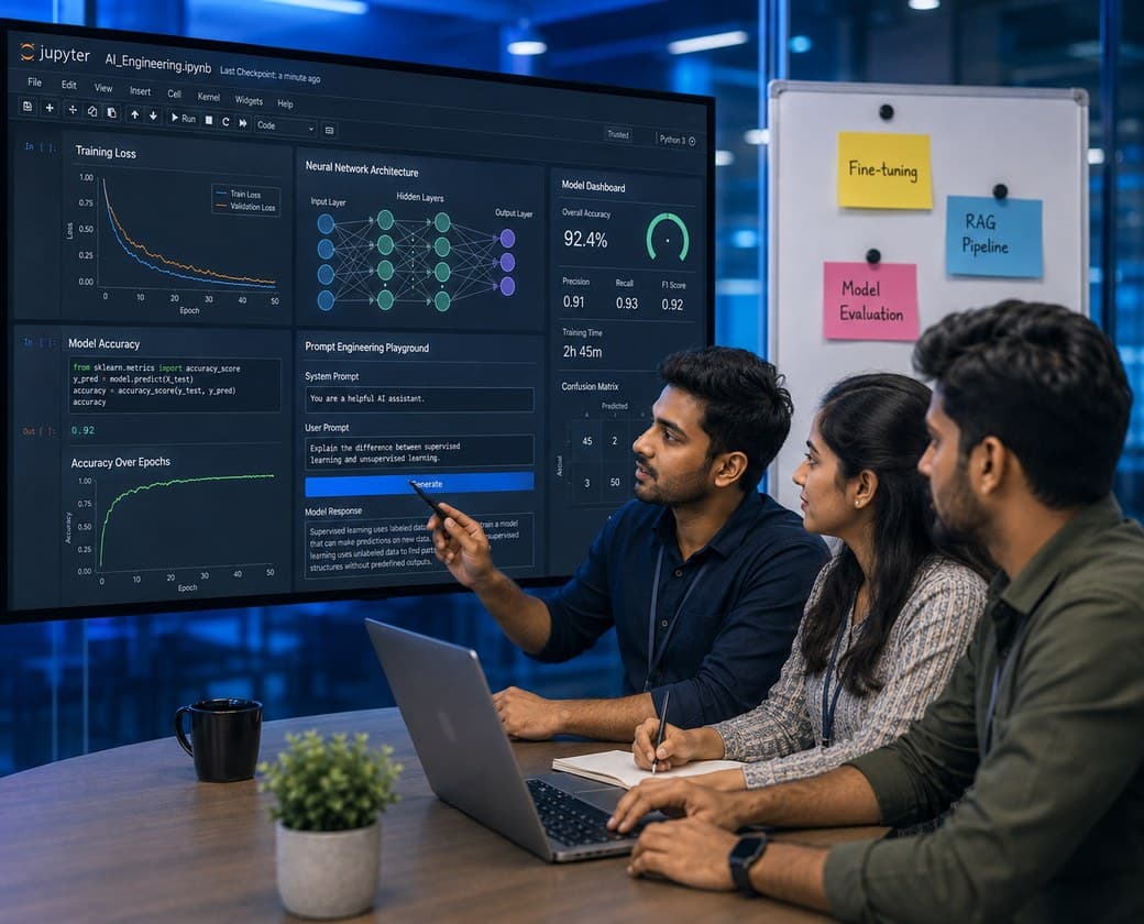 AI engineering trainees and mentor reviewing a Jupyter notebook with training loss graphs, neural network architecture and a prompt engineering playground
