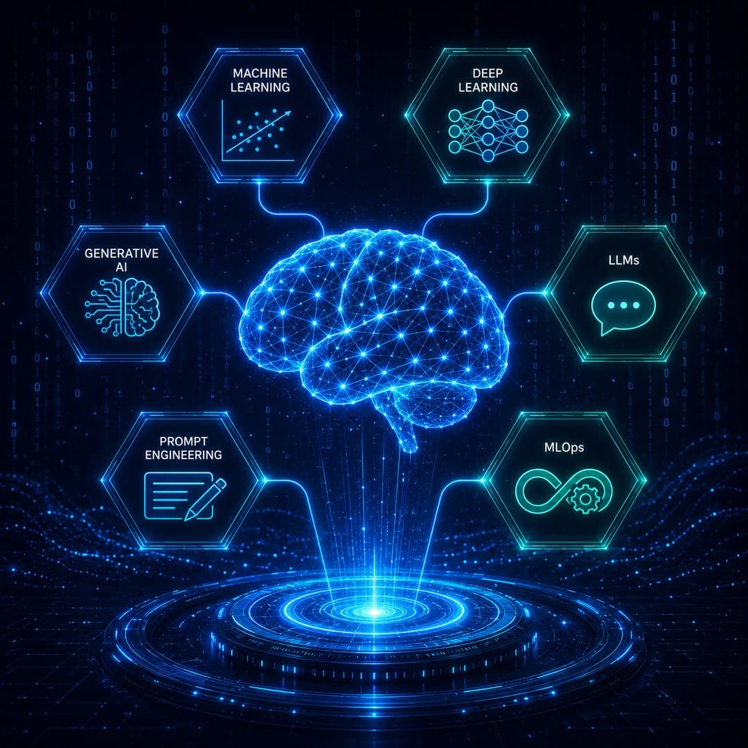 AI neural network hologram connecting Machine Learning, Deep Learning, Generative AI, LLMs, Prompt Engineering and MLOps around a central brain icon