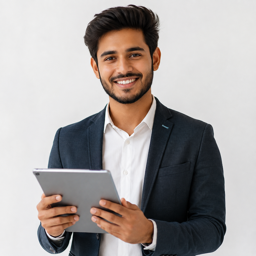 Smiling professional holding a tablet