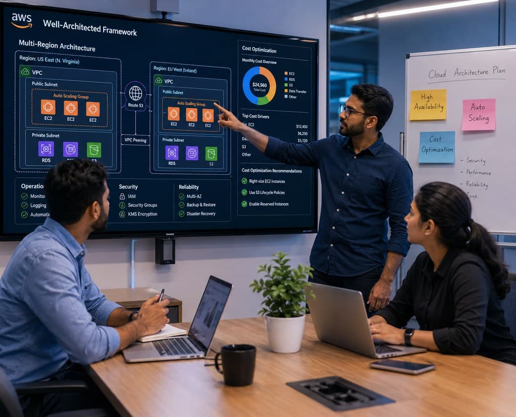 Cloud architecture trainees and mentor reviewing an AWS Well-Architected Framework diagram with multi-region VPC and cost optimization dashboard