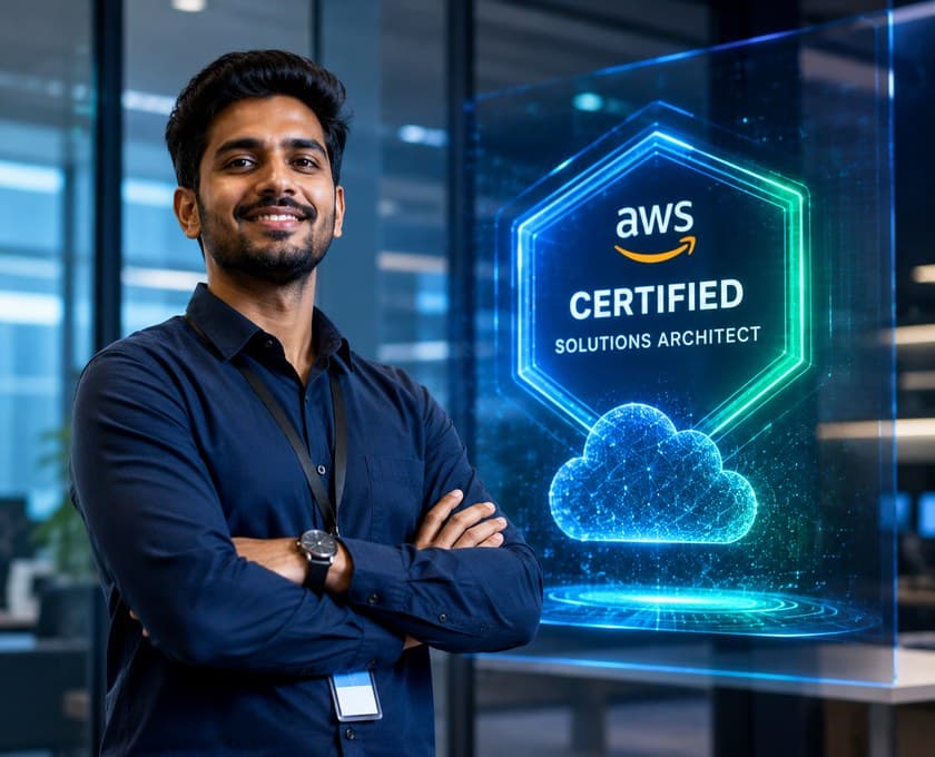 Confident AWS Certified Solutions Architect standing in a modern office with a certification badge display