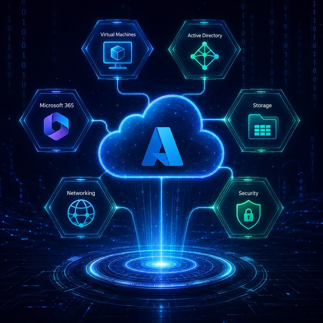 Microsoft Azure cloud architecture diagram connecting Virtual Machines, Active Directory, Microsoft 365, Storage, Networking and Security around a central Azure icon