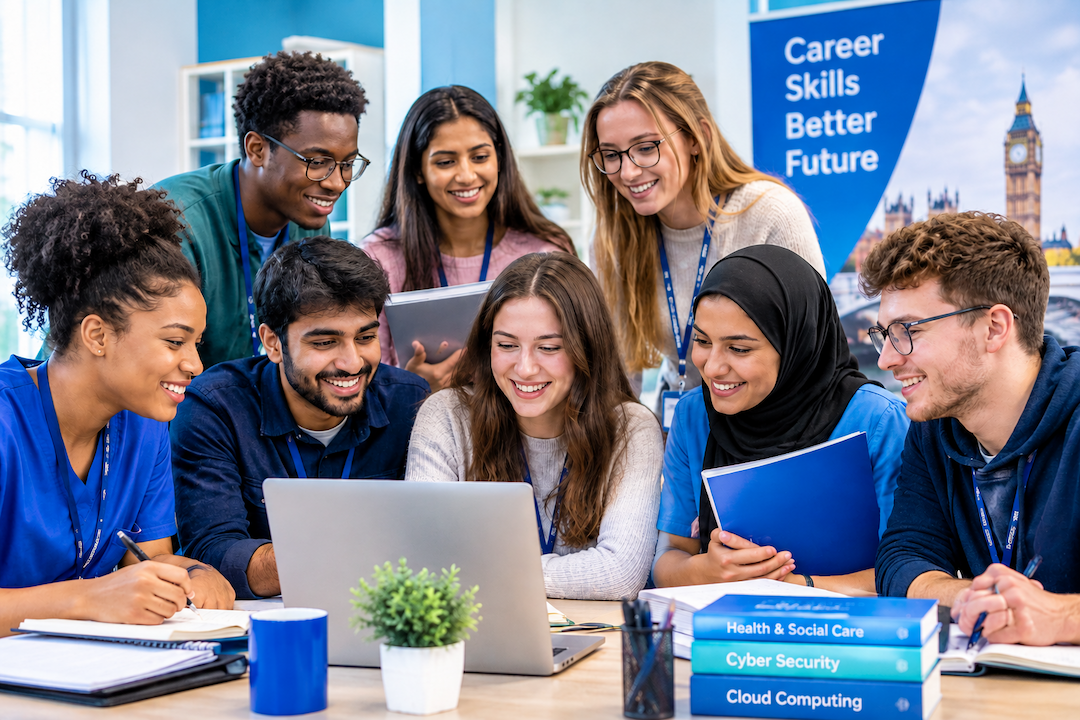 Diverse group of learners collaborating with Career Skills Better Future banner