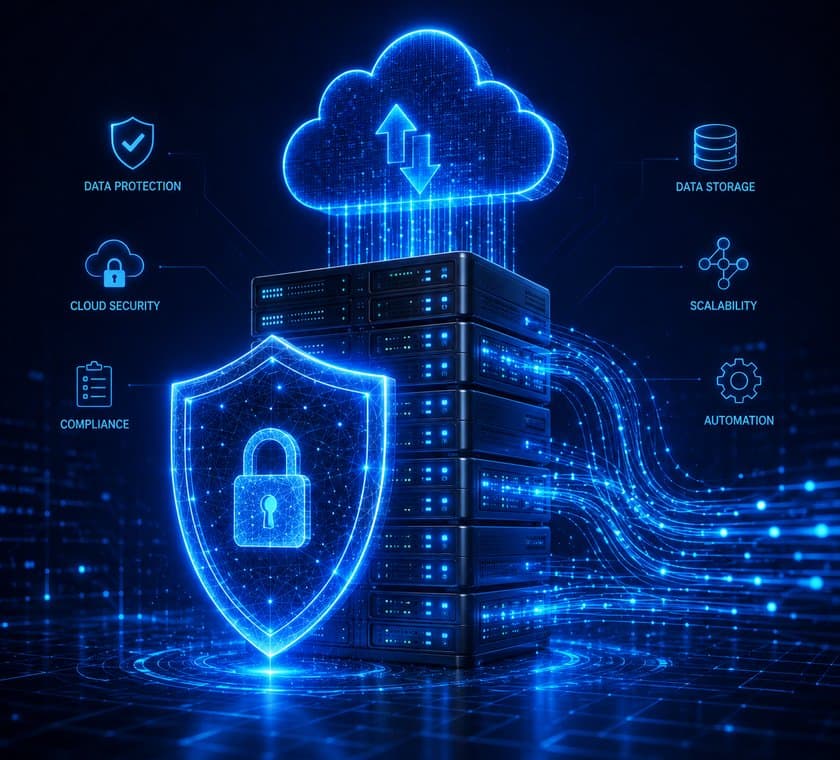 Stacked cloud servers protected by a security shield, representing cloud security and compliance