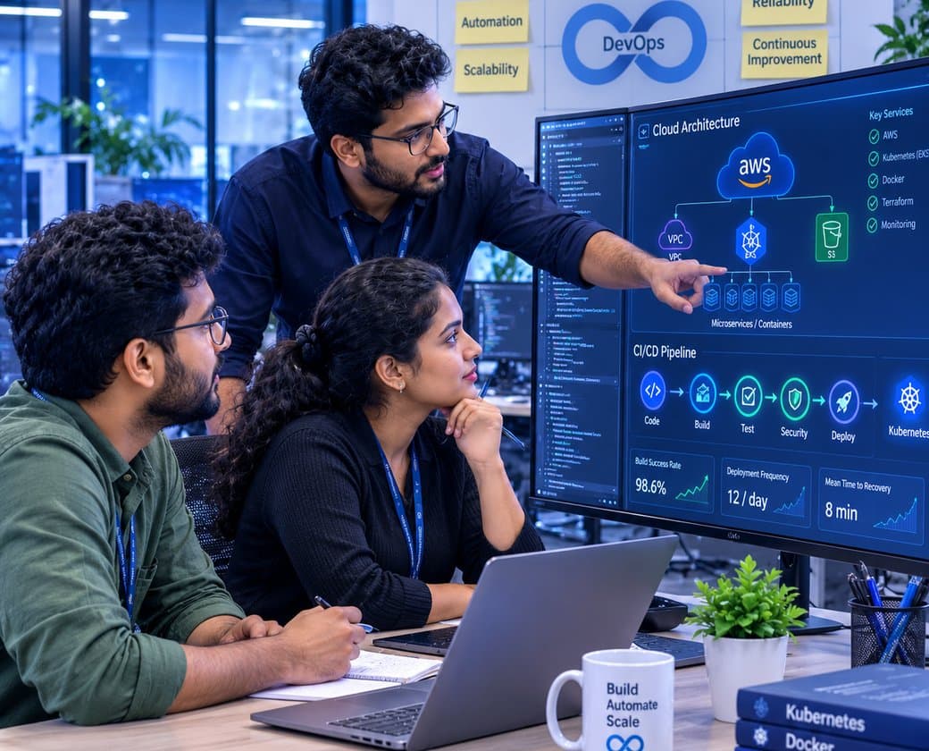 DevOps engineering team collaborating around a workstation reviewing a CI/CD dashboard