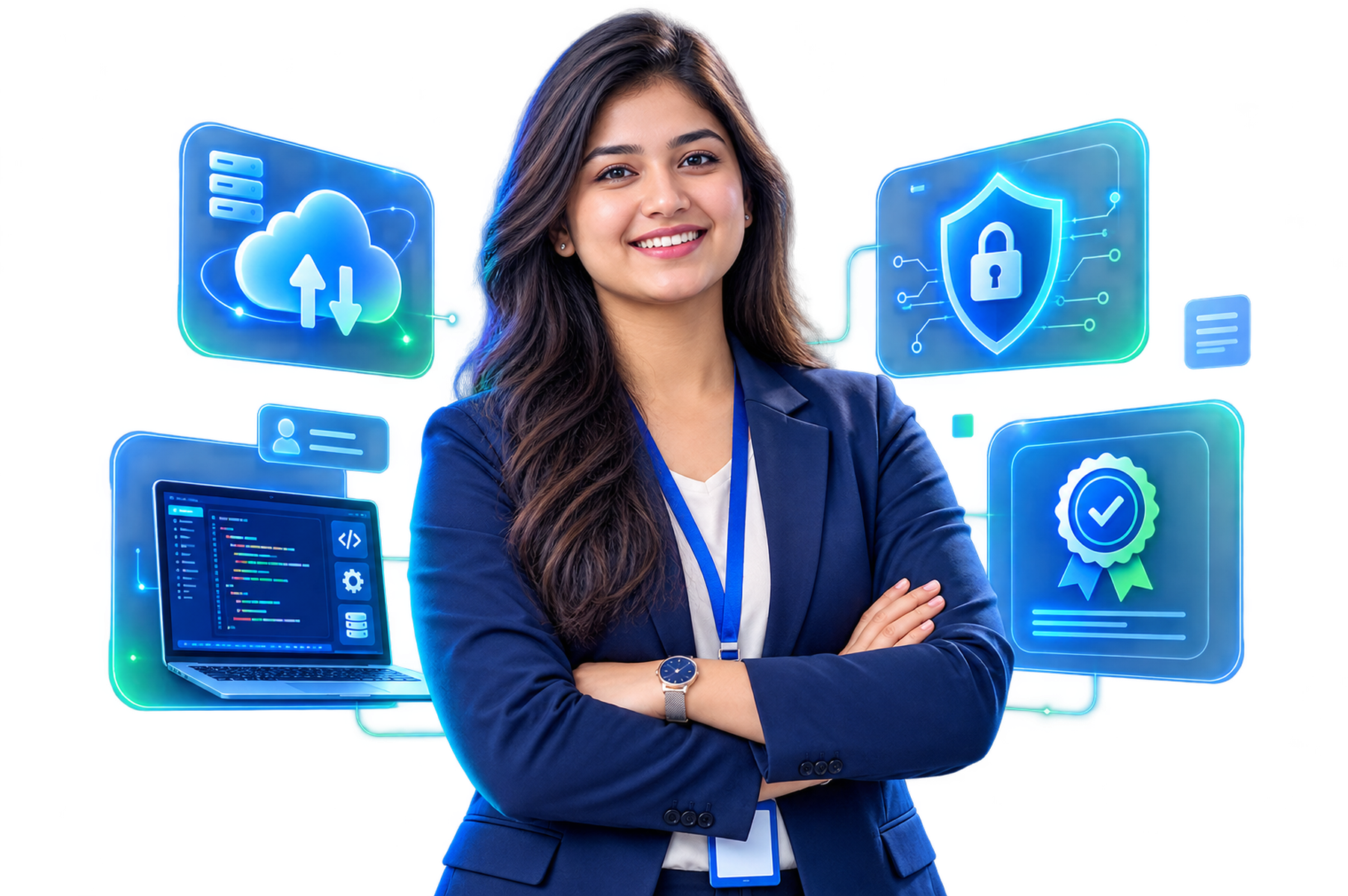 Confident IT Support Engineer professional surrounded by cloud, security, laptop and certification icons