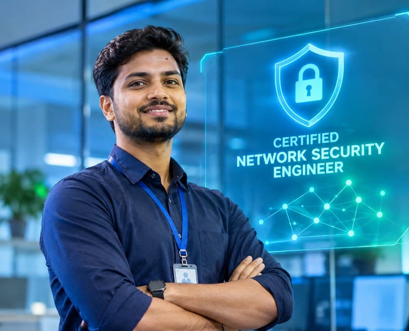 Confident Certified Network Security Engineer standing in a modern office with a certification badge display