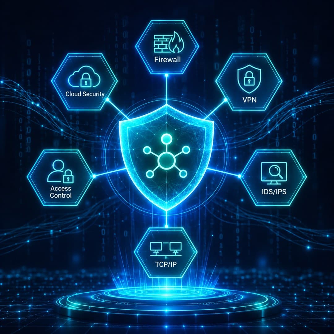 Network security shield hologram connecting firewall, VPN, IDS/IPS, TCP/IP, cloud security and access control