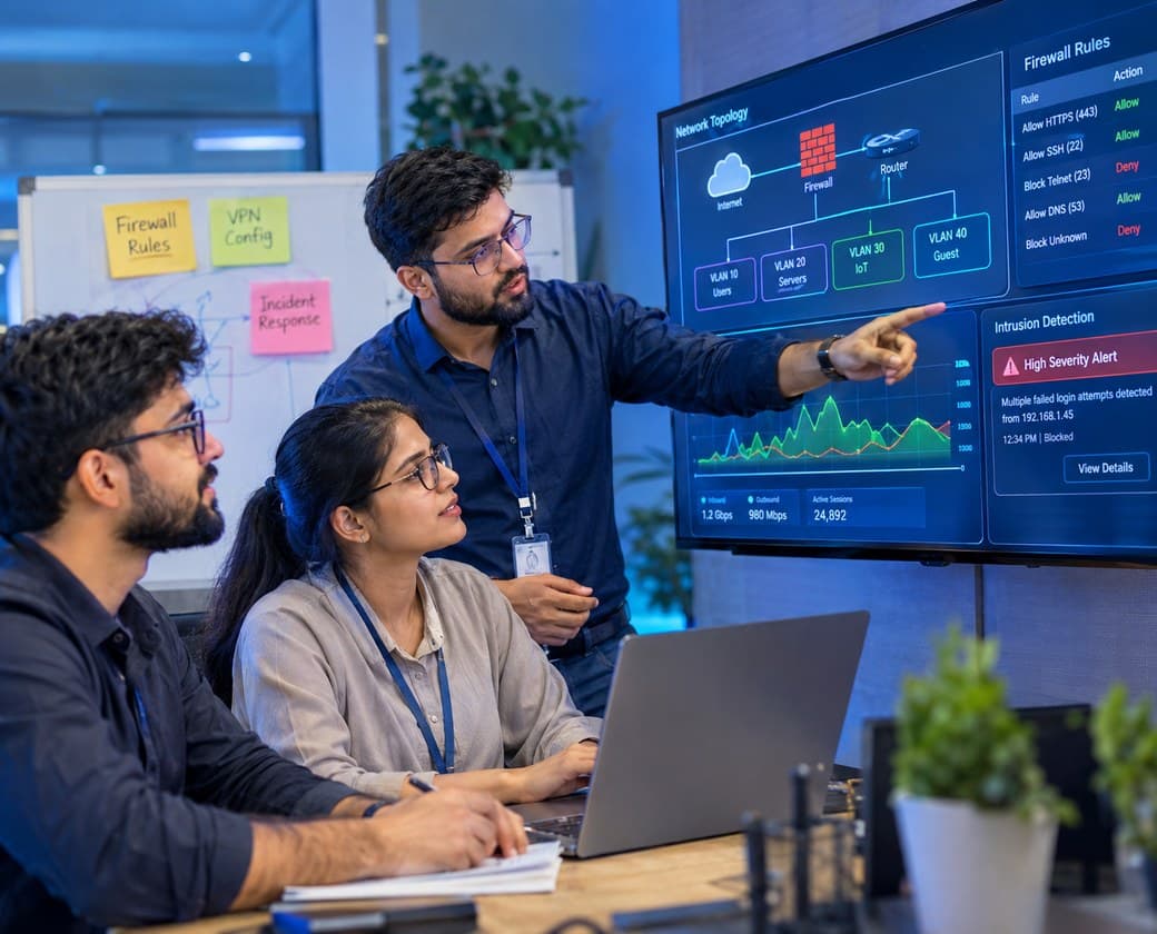 Network security trainees and mentor reviewing a network topology diagram with firewall rules and an intrusion detection alert dashboard