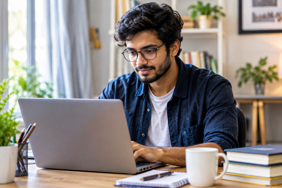 Student studying online IT courses on a laptop at home